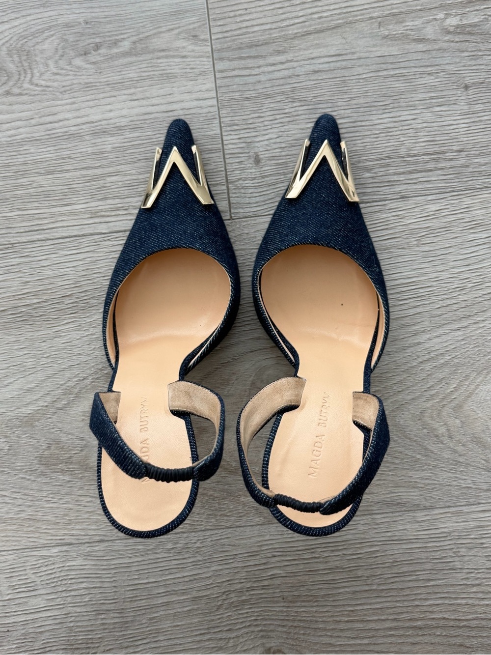 Magda Butrym Navy Denim Pointed Slingback Flats with Gold V Detail